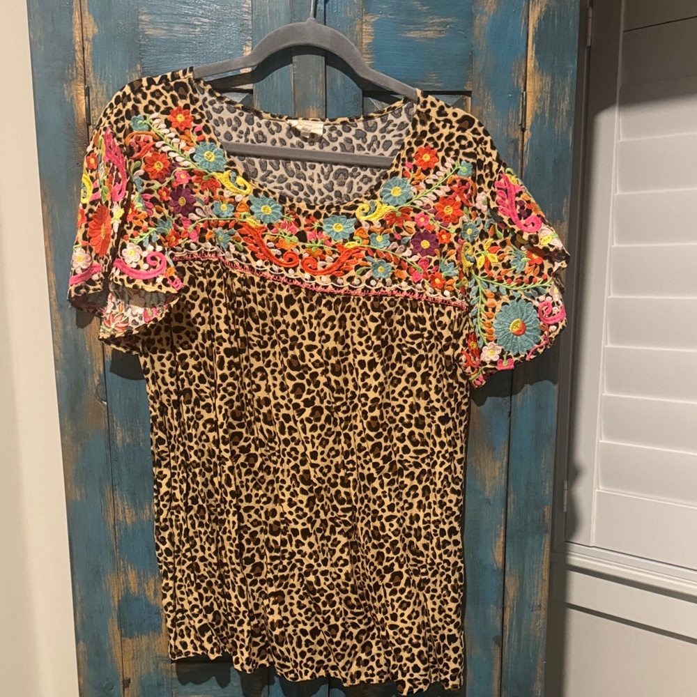 Vibrant Floral Embroidered Leopard Print Blouse